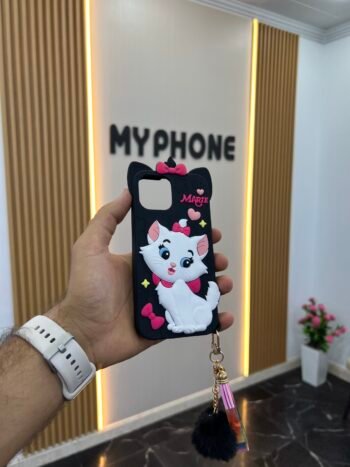 كفر سيليكون ثلاثي الأبعاد بنقشة قطة كيوت مع تعليقة ملوّنة ✨ marie cat